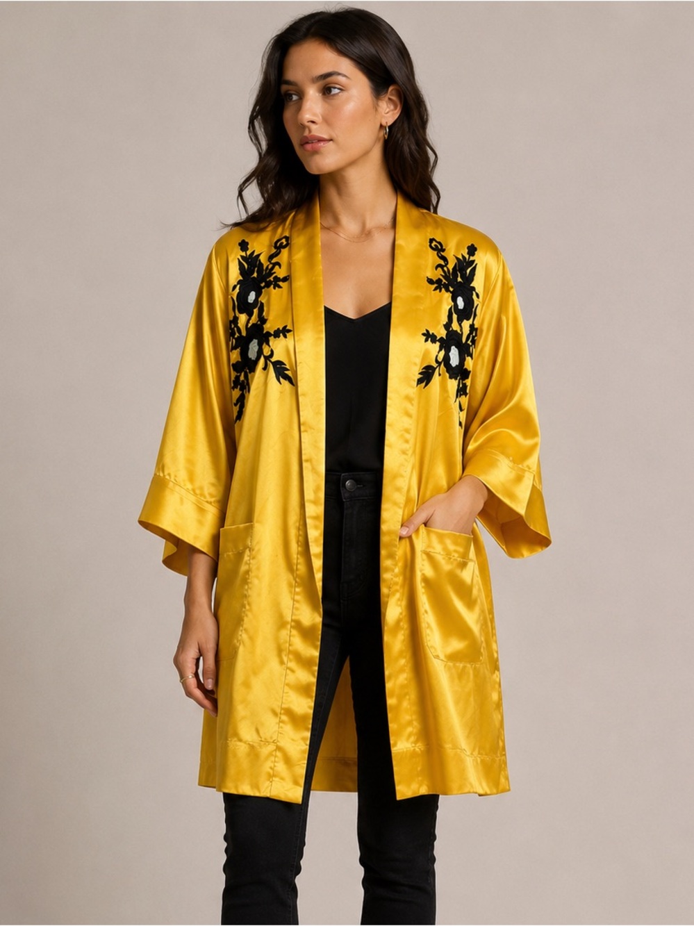 $120 TOPSHOP Luxe Yellow Satin Floral Embroidered Kimono Duster Robe - US 6